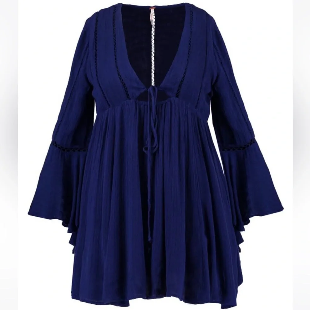Free People Romeo Navy Blue Ladder Trim Mini Dress S - Picture 8 of 8